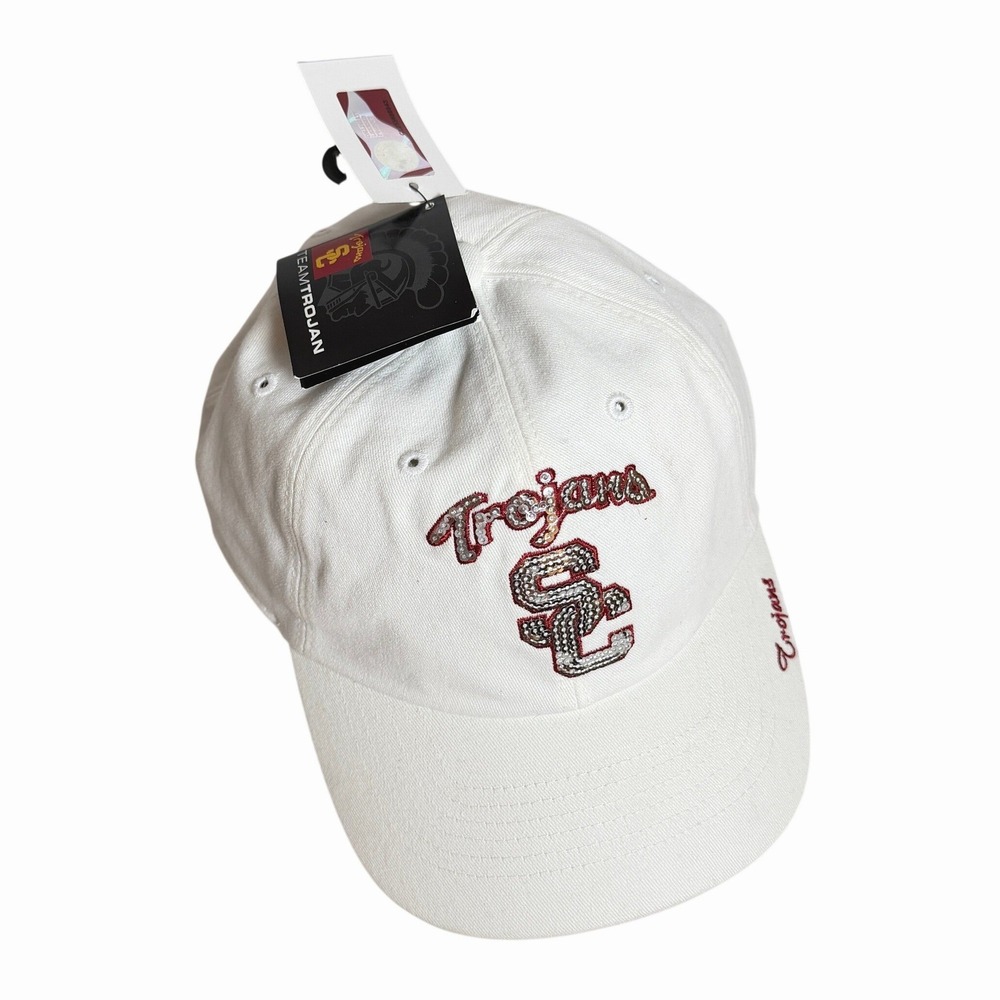 NWT USC Trojans‎ Womens White Sequin Logo Baseball Cap Hat Team Trojan New